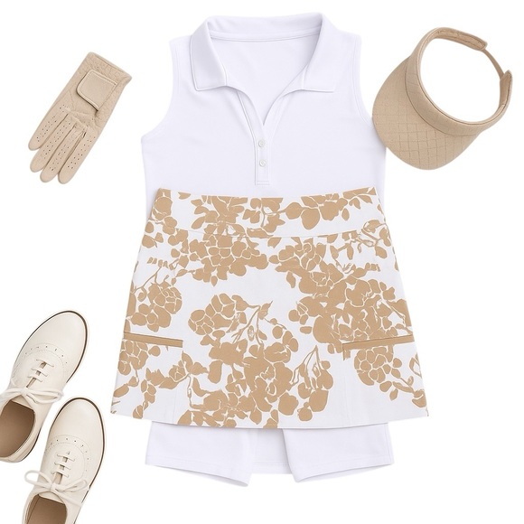 Golftini Dresses & Skirts - Golftini Grace Tan White Floral Golf Skort Shorts Size 4 Stretch Athleisure NWOT